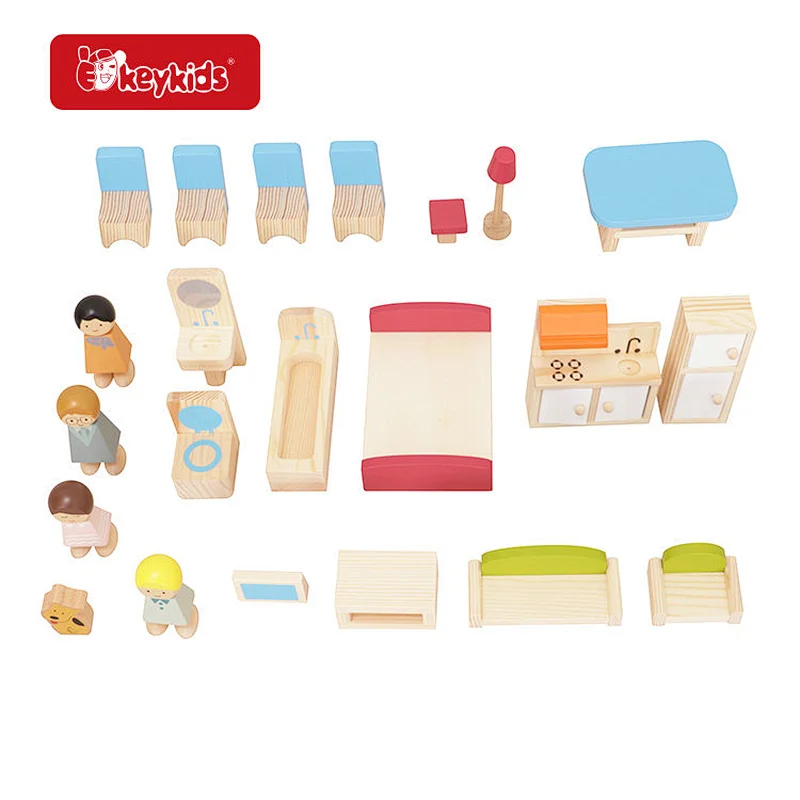 OEM fashion kids play wooden dolls house toy with furniture accessories W06A573